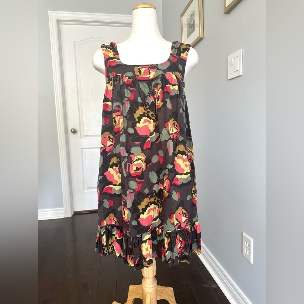 FRENCH CONNECTION Brown Floral Sun Dress with Ruffled Hem - Size 4